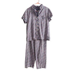Chaps Womens Floral Button-Down Pajama Set W/ Short Sleeve Top & Pants Size L